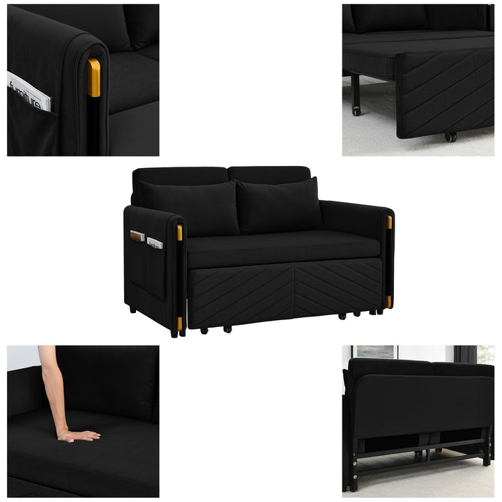 MH 54" Modern Convertible Sofa Bed with 2 Detachable Arm Pockets, Velvet Loveseat Sofa with Pull Out Bed, 2 Pillows and Living Room Adjustable Backrest, Grid Design Armrests, Black