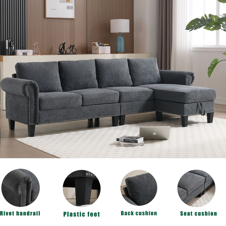 [NEW ARRIVED]   [VIDEO PROVIDED]Convertible Sectional Sofa with Storage,L-shaped sofa,Four-seater sofa,Modern Linen Fabric Sectional Couches for Living Room,Gray