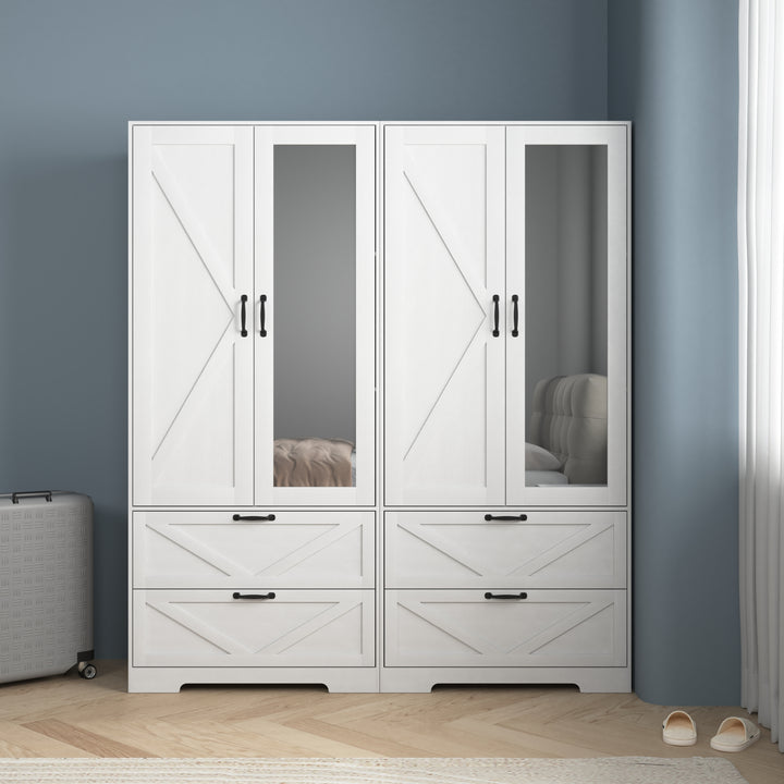 2 Door Wood Wardrobe for Bedroom with Hanging Clothing Rod inside the Cabinet and 2 Drawers for Storage Organization, Built-in induction light Multifunctional Closet with Mirror, White