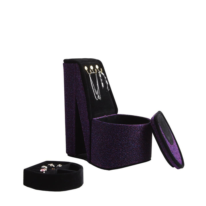 9" Tall Display Jewelry Box with Hooks, High Heel Shoe Design, Purple Velvet