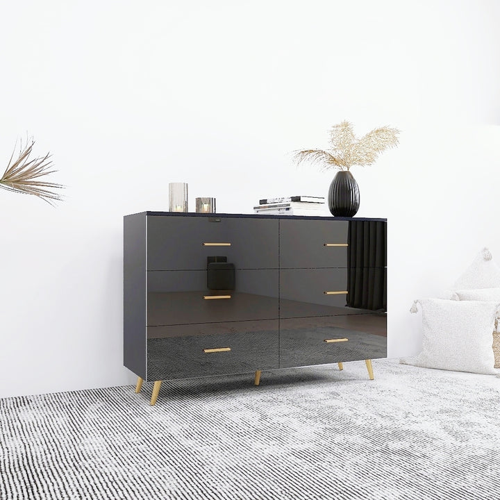 High Glossy Surface 6 Drawers Chest of Drawer with Golden Handle and Golden Steel Legs Black Color Vanity