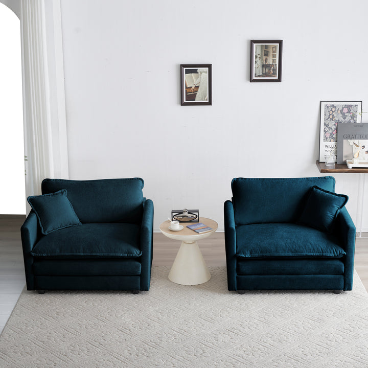 Accent Chair Set of 2, High-end Chenille Upholstered Armchairs, Living Room Side Chairs with Toss Pillow, Blue Chenille