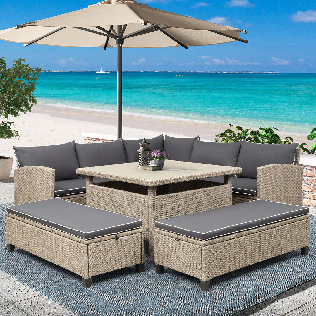 TOPMAX 6-Piece Patio Furniture Set Outdoor Wicker Rattan Sectional Sofa with Table and Benches for Backyard, Garden, Poolside