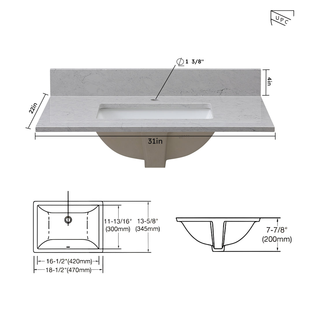 Montary 31 inches bathroom stone vanity top calacatta gray engineered marble color with undermount ceramic sink and single faucet hole with backsplash