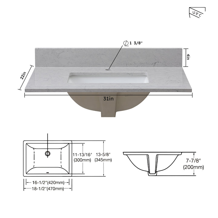 Montary 31 inches bathroom stone vanity top calacatta gray engineered marble color with undermount ceramic sink and single faucet hole with backsplash