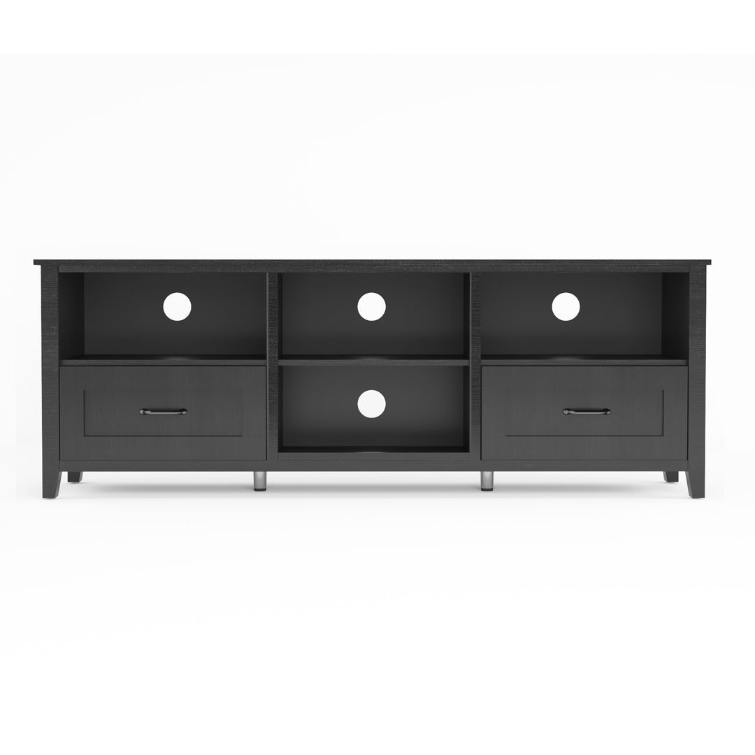 70.08 Inch Length Black TV Stand for Living Room and Bedroom, with 2 Drawers and 4 High-Capacity Storage Compartment.