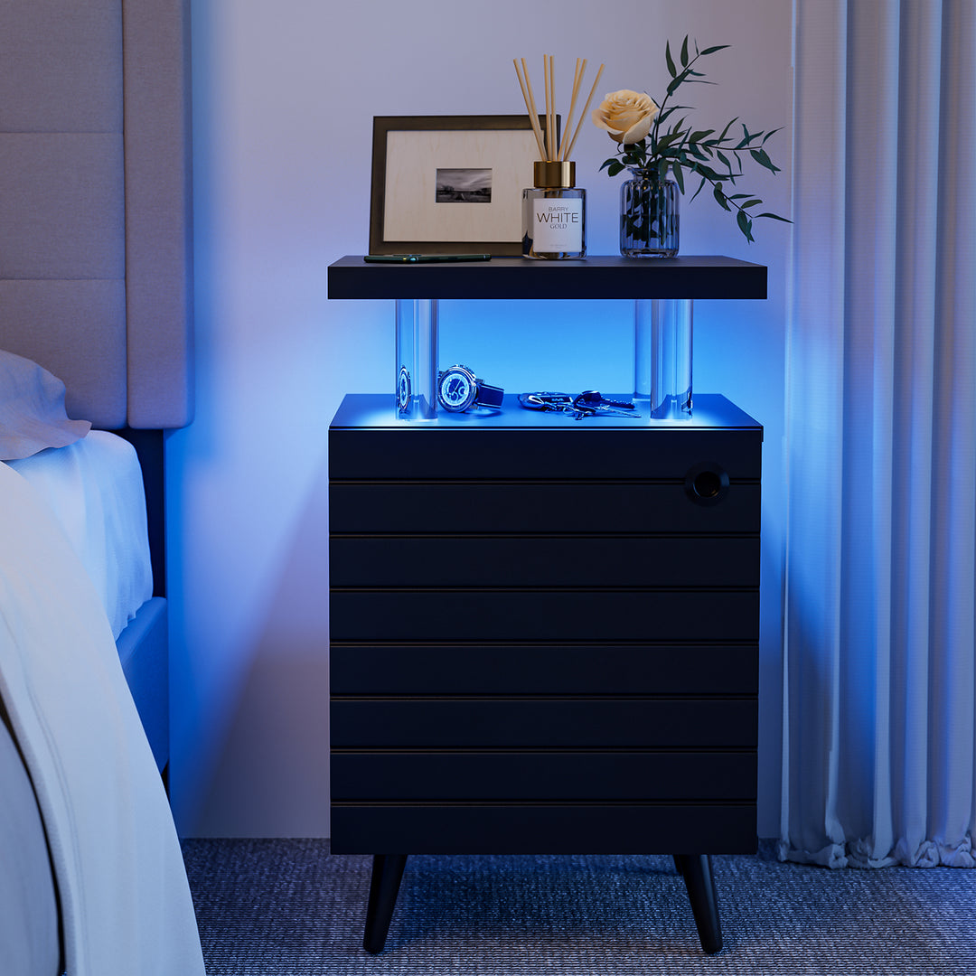 LED Nightstand LED Bedside Table End Tables Living Room with 4 Acrylic Columns, Bedside Table with Drawers for Bedroom Black