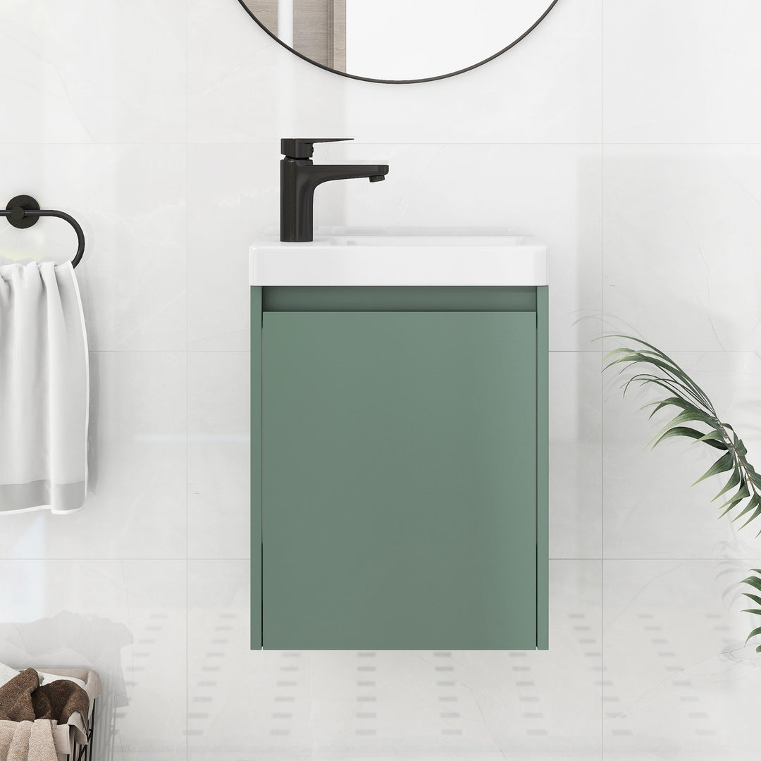 Elegant 16-Inch Green Bathroom Vanity Cabinet with Soft-Close Doors - Easy Assembly, Stylish Storage