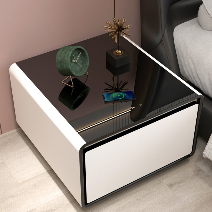 Modern Smart Side Table with Built-in Fridge, Wireless Charging, Temperature Control, Power Socket, USB Interface, Outlet Protection, Induction Light, White