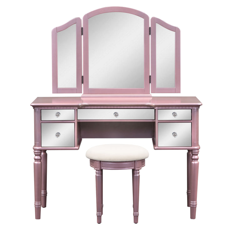 GO 43" Dressing Table Set with Mirrored Drawers and Stool, Tri-fold Mirror, Makeup Vanity Set for Bedroom, Rose Gold