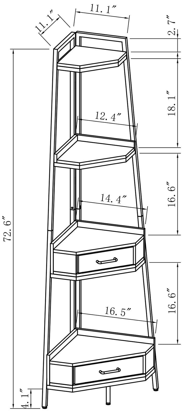 Corner Shelf with Two Drawers 72.64'' Tall, 4-tier Industrial Bookcase, Gold