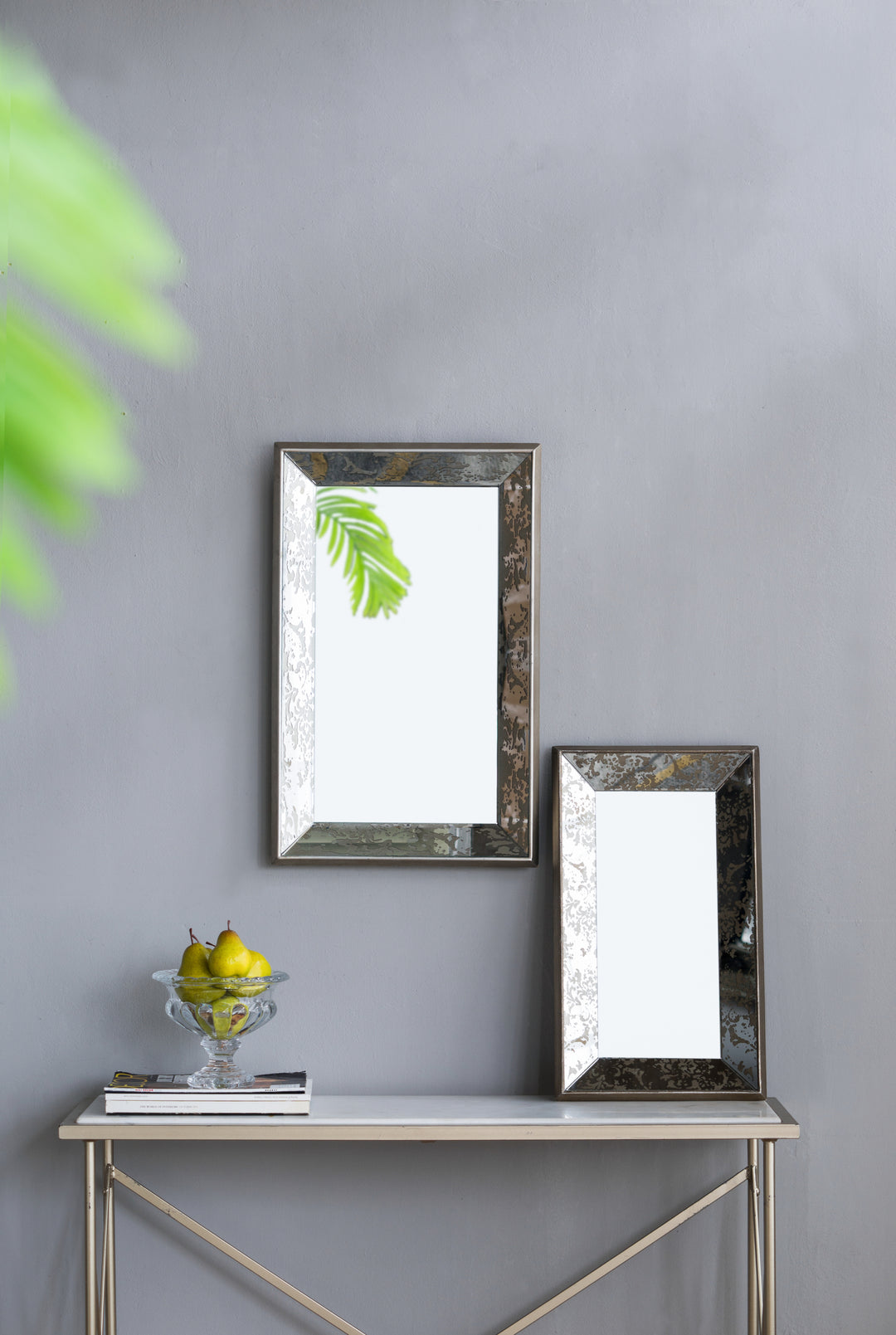 24" x 15" Antique Silver Rectangle Mirror with Floral Accents, Mirrored Display Tray, Hanging Wall Mirror