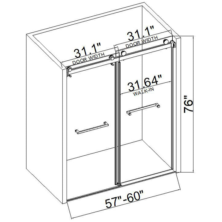 72*76" Double Sliding Frameless Shower Door Brushed Nickel Without Buffer