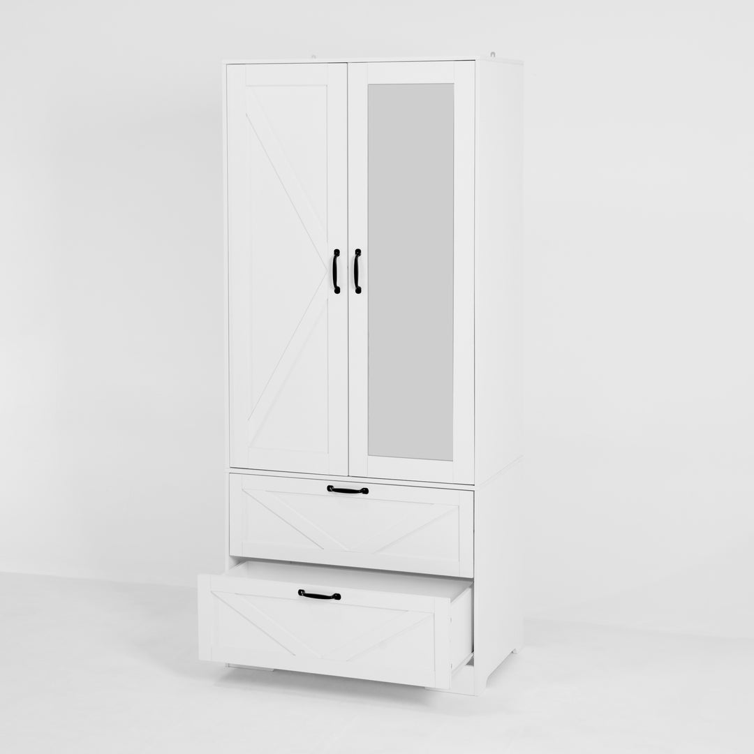 2 Door Wood Wardrobe for Bedroom with Hanging Clothing Rod inside the Cabinet and 2 Drawers for Storage Organization, Built-in induction light Multifunctional Closet with Mirror, White