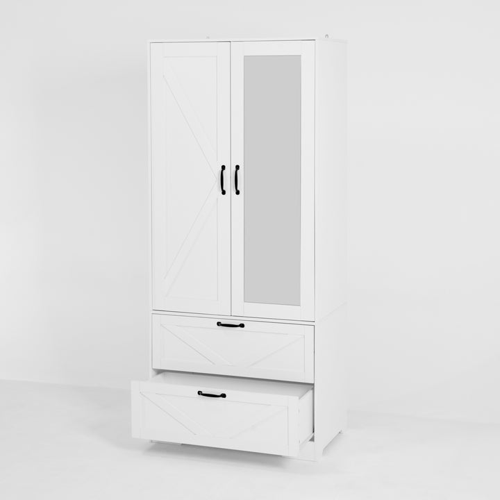 2 Door Wood Wardrobe for Bedroom with Hanging Clothing Rod inside the Cabinet and 2 Drawers for Storage Organization, Built-in induction light Multifunctional Closet with Mirror, White