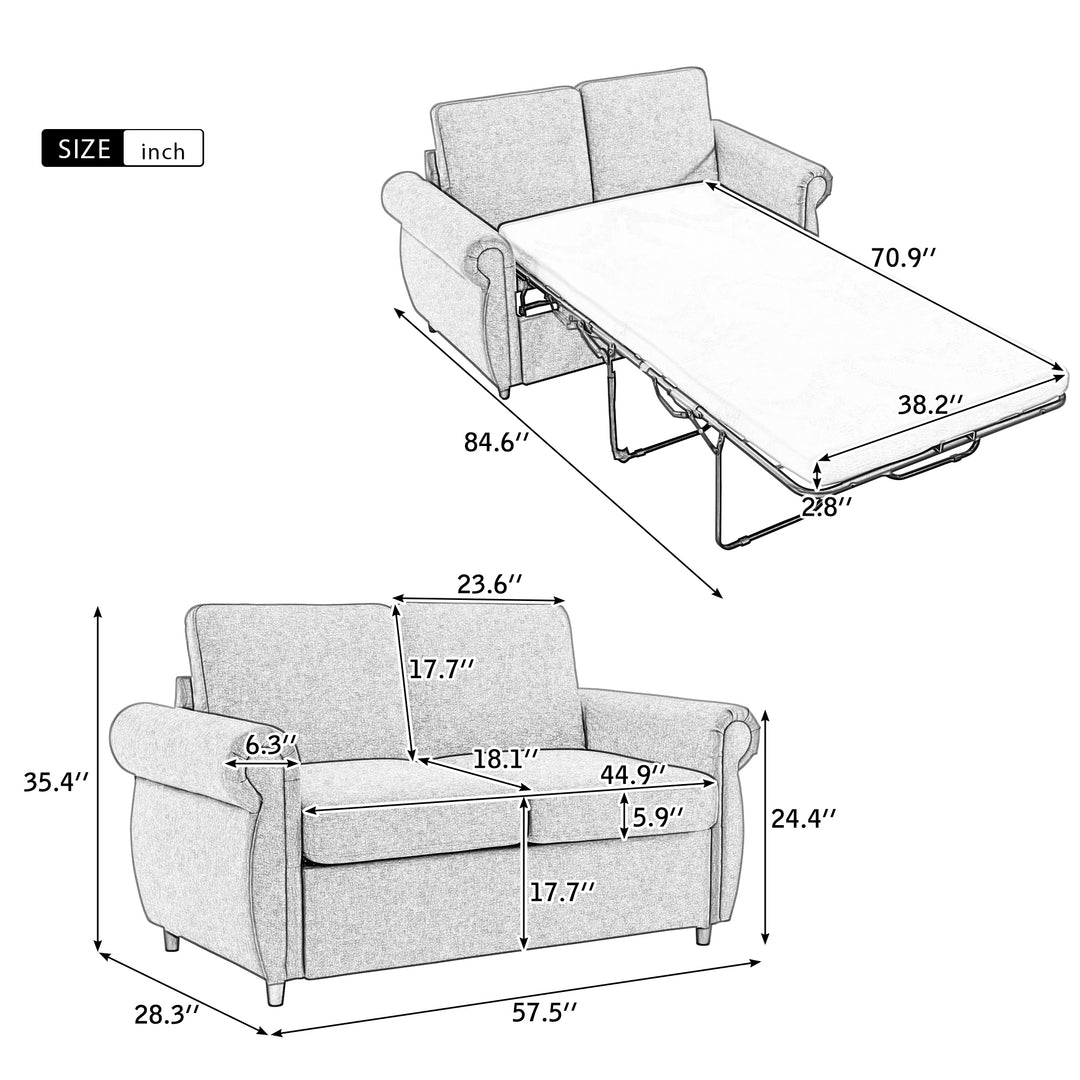 57.5" Orisfur Pull Out Sofa Bed  Loveseat Sleeper with Twin Size Memory Mattress for Living Room Spaces, Gray