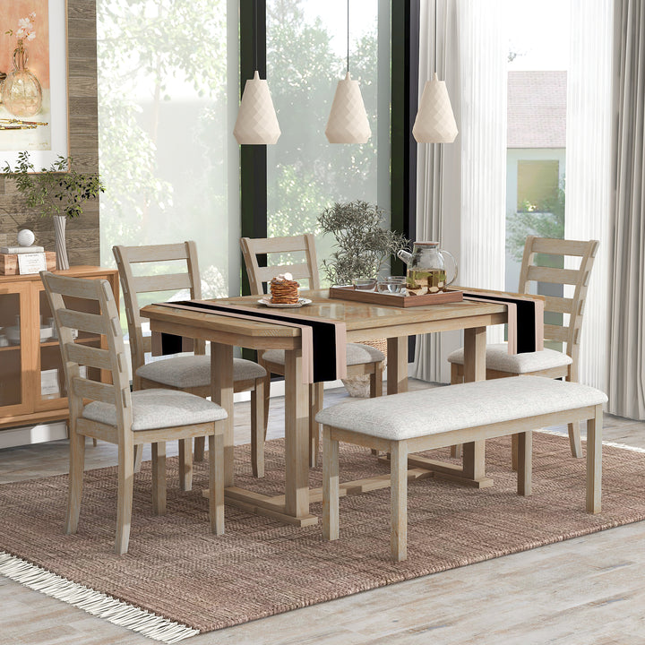 TREXM 6-Piece Rubber Wood Dining Table Set with Beautiful Wood Grain Pattern Tabletop Solid Wood Veneer and Soft Cushion (Natural Wood Wash)