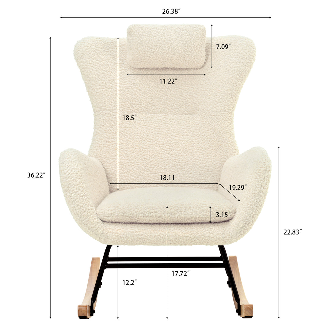 Rocking Chair Nursery, Teddy Upholstered Rocker Glider Chair with High Backrest, Adjustable Headrest & Pocket, Comfy Glider Chair for Nursery, Bedroom, Living Room, Offices, Rubber wood, beige