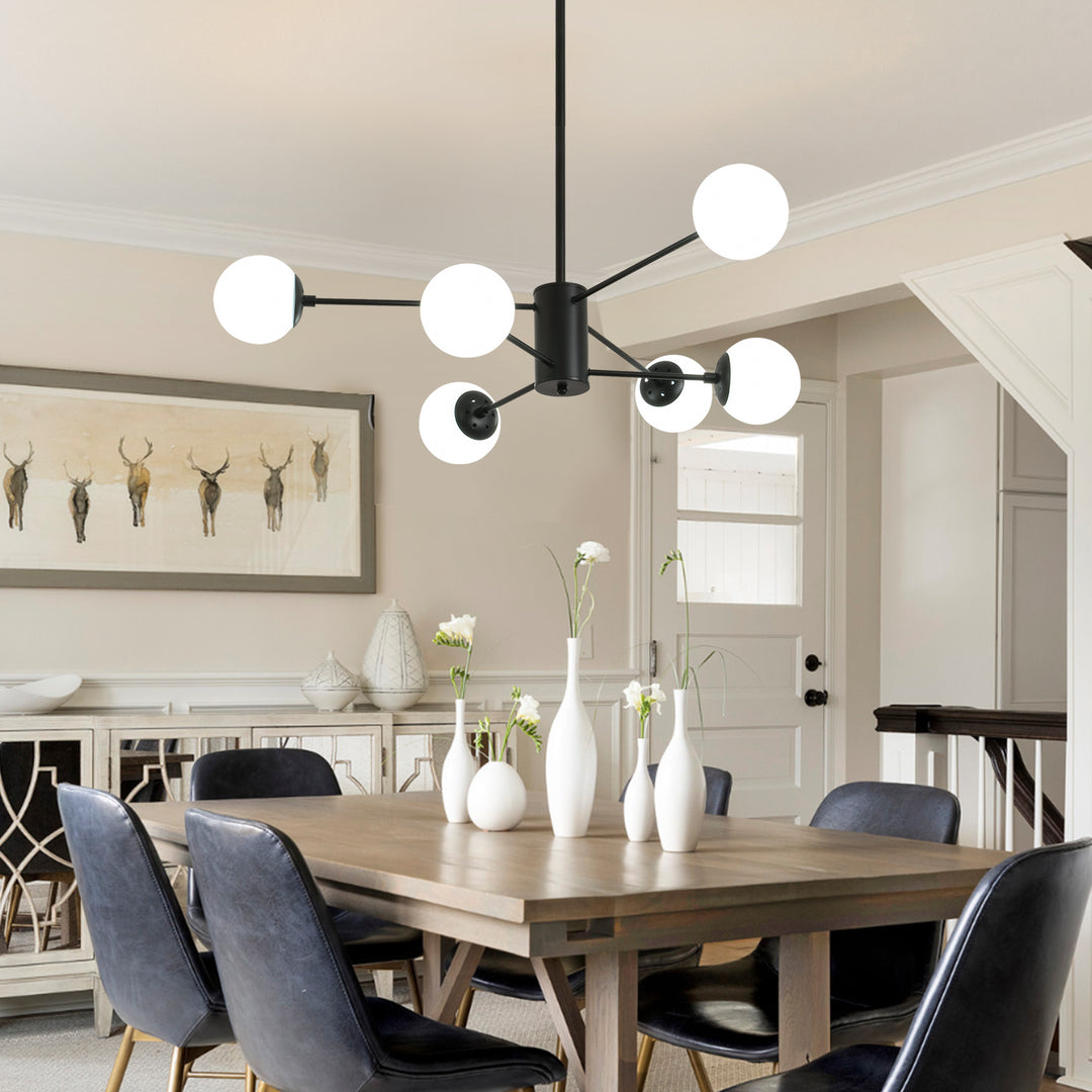 Modern American Style Chandelier, Wrought Iron Paint+Glass Lampshade, Black Dining Room Chandelier, 6 Bulbs (Excluding Bulbs)