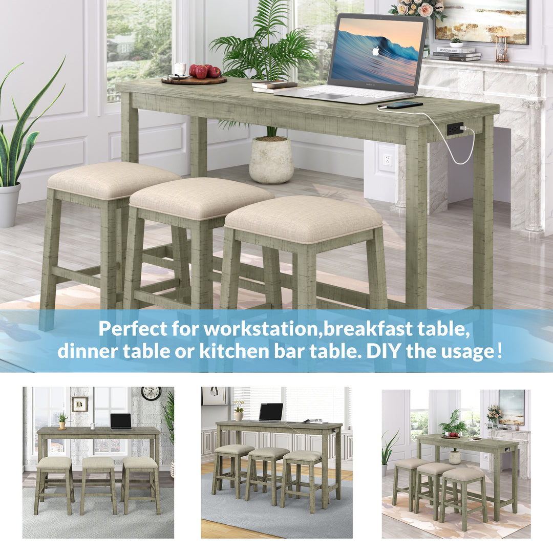 TOPMAX 4 Pieces Counter Height Table with Fabric Padded Stools,Rustic Bar Dining Set with Socket,Gray Green