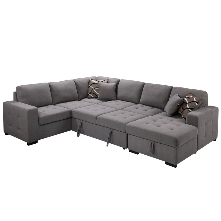 123" Oversized Sectional Sofa with Storage Chaise, U Shaped Sectional Couch with 4 Throw Pillows for Large Space Dorm Apartment. Grey