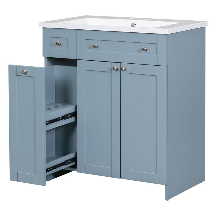 Modern 30-Inch Bathroom Vanity Cabinet with Easy-to-Clean Resin Integrated Sink in Blue