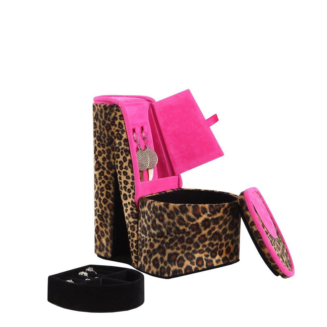 9" Tall Display Jewelry Box with Hidden Storage, High Heel Shoe Design, Cheetah Print