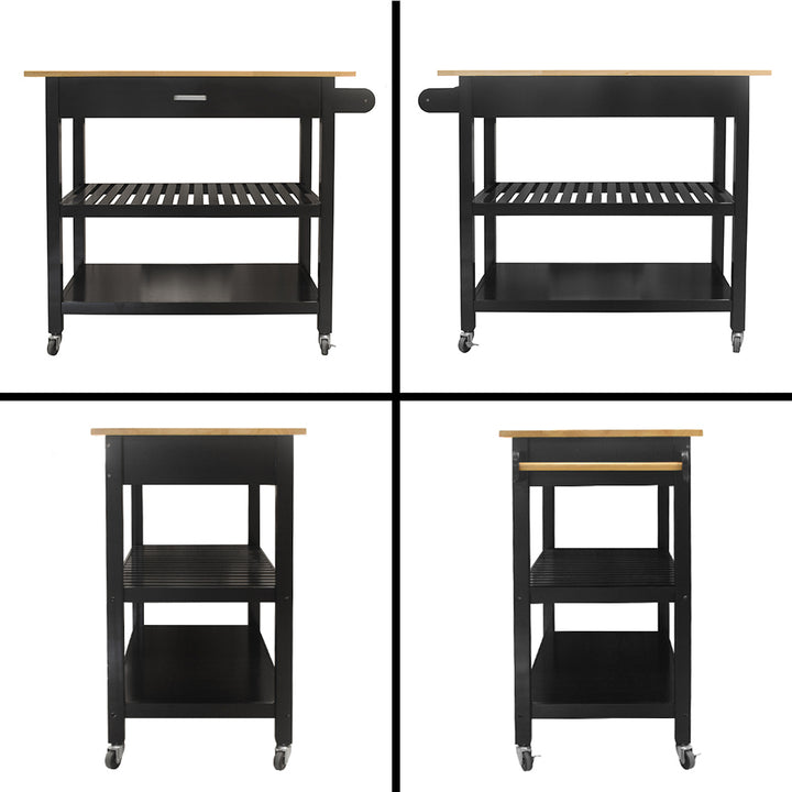 Kitchen Island & Kitchen Cart, Mobile Kitchen Island with Two Lockable Wheels, Rubber Wood Top, Black Color Design Makes It Perspective Impact During Party.