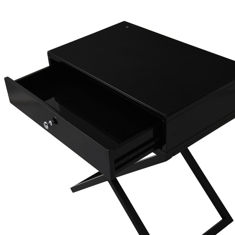 Koda 23" Black Wooden End Side Table Nightstand with Glass Top, Drawer and Metal Cross Base