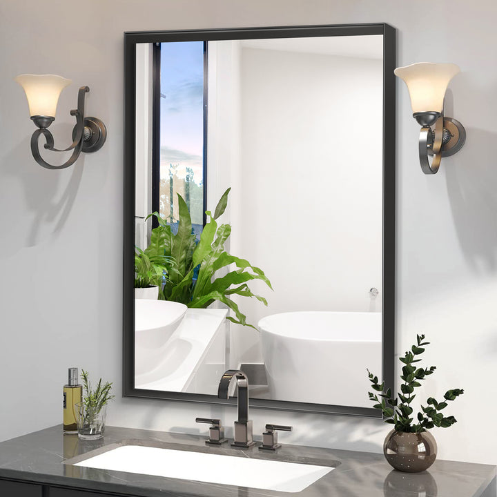 Glossy Black Bathroom Mirrors For Wall 48x30inch Wall Mounted Hanging Plates Mirror Farmhouse Mirror Modern Metal Framed Rectangular Mirror, Decorative Square Corner Mirror(Horizontal & Vertical)