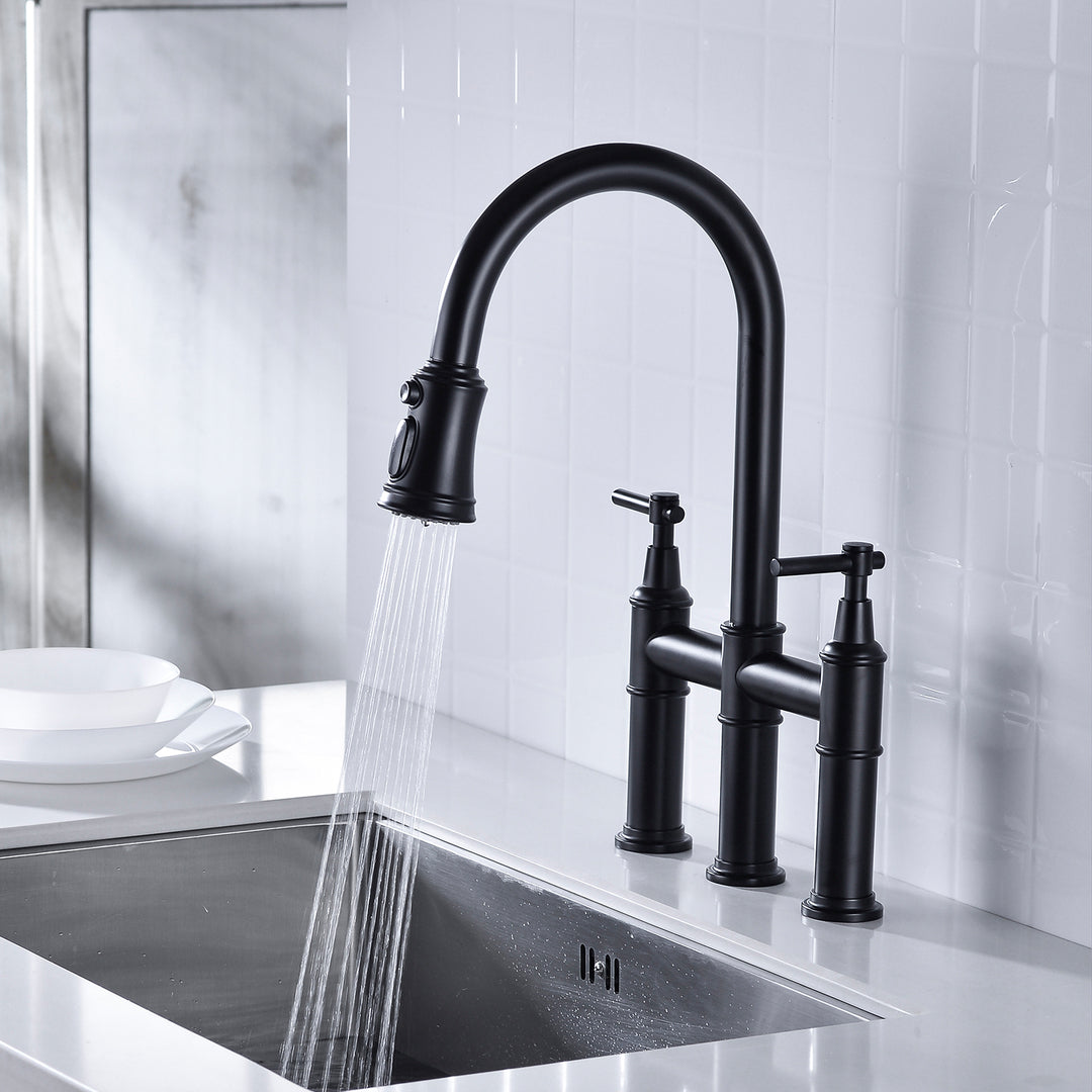 Bridge Kitchen Faucet with Pull-Down Sprayhead in Spot