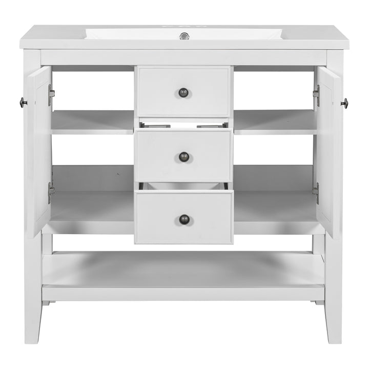 36" Bathroom Vanity with Ceramic Basin, Two Cabinets and Drawers, Open Shelf, Solid Wood Frame, White (OLD SKU: SY999101AAK)