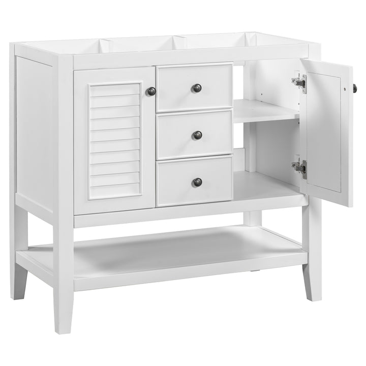 36" Bathroom Vanity without Sink, Cabinet Base Only, Two Cabinets and Drawers, Open Shelf, Solid Wood Frame, White