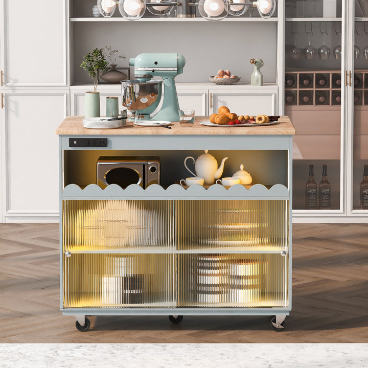 Kitchen Island with Drop Leaf, LED Light Kitchen Cart on Wheels with Power Outlets, 2 Sliding Fluted Glass Doors, Large Kitchen Island Cart with 2 Cabinet and 1 open Shelf (Grey Blue)