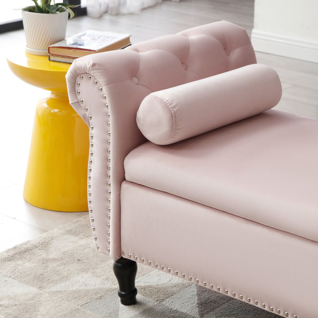 Aijia 63" Velvet Multifunctional Storage Rectangular Sofa Stool Buttons Tufted Nailhead Trimmed Solid Wood Legs with 1 Pillow,Light Pink