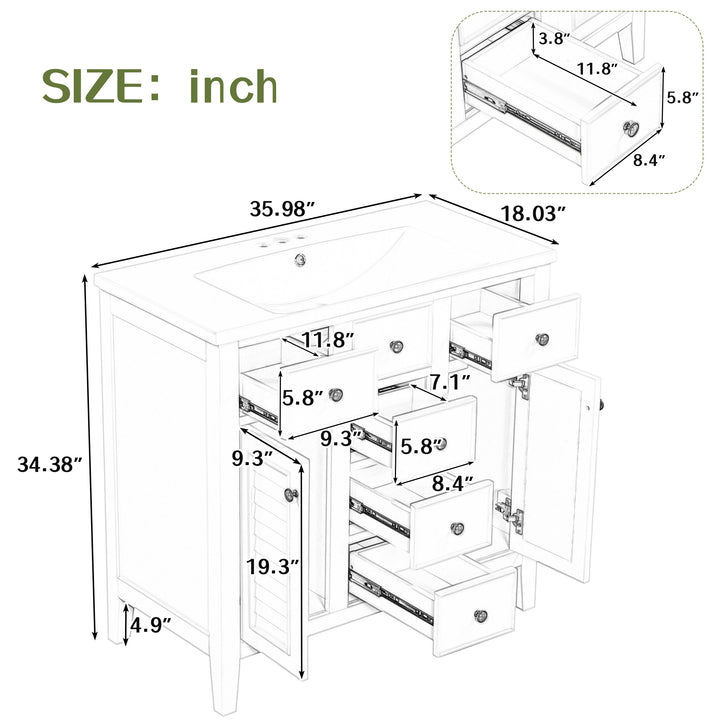 36" Bathroom Vanity with Ceramic Basin, Two Cabinets and Five Drawers, Solid Wood Frame, Grey (OLD SKU: SY999202AAE)