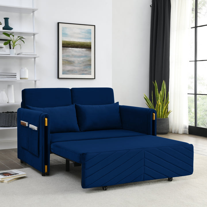 MH 54" Modern Convertible Sofa Bed with 2 Detachable Arm Pockets, Velvet Loveseat Multi-position adjustable Sofa with Pull Out Bed with Bedhead, 2 Pillows and Living Room, Blue