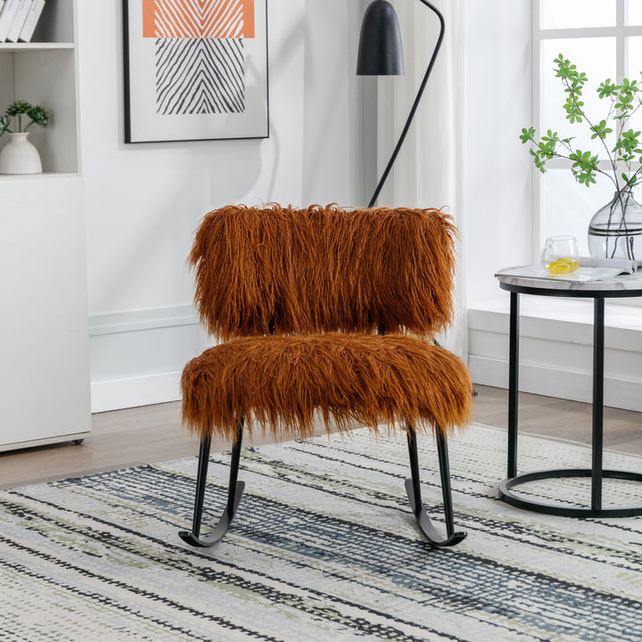 25.2'' Wide Faux Fur Plush Nursery Rocking Chair, Baby Nursing Chair with Metal Rocker, Fluffy Upholstered Glider Chair, Comfy Mid Century Modern Chair for Living Room, Bedroom (Caramel)