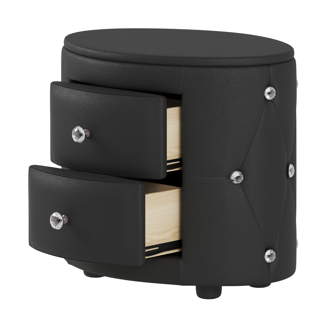 Elegant PU Nightstand with 2 Drawers and Crystal Handle,Fully Assembled Except Legs&Handles,Storage Bedside Table - Black