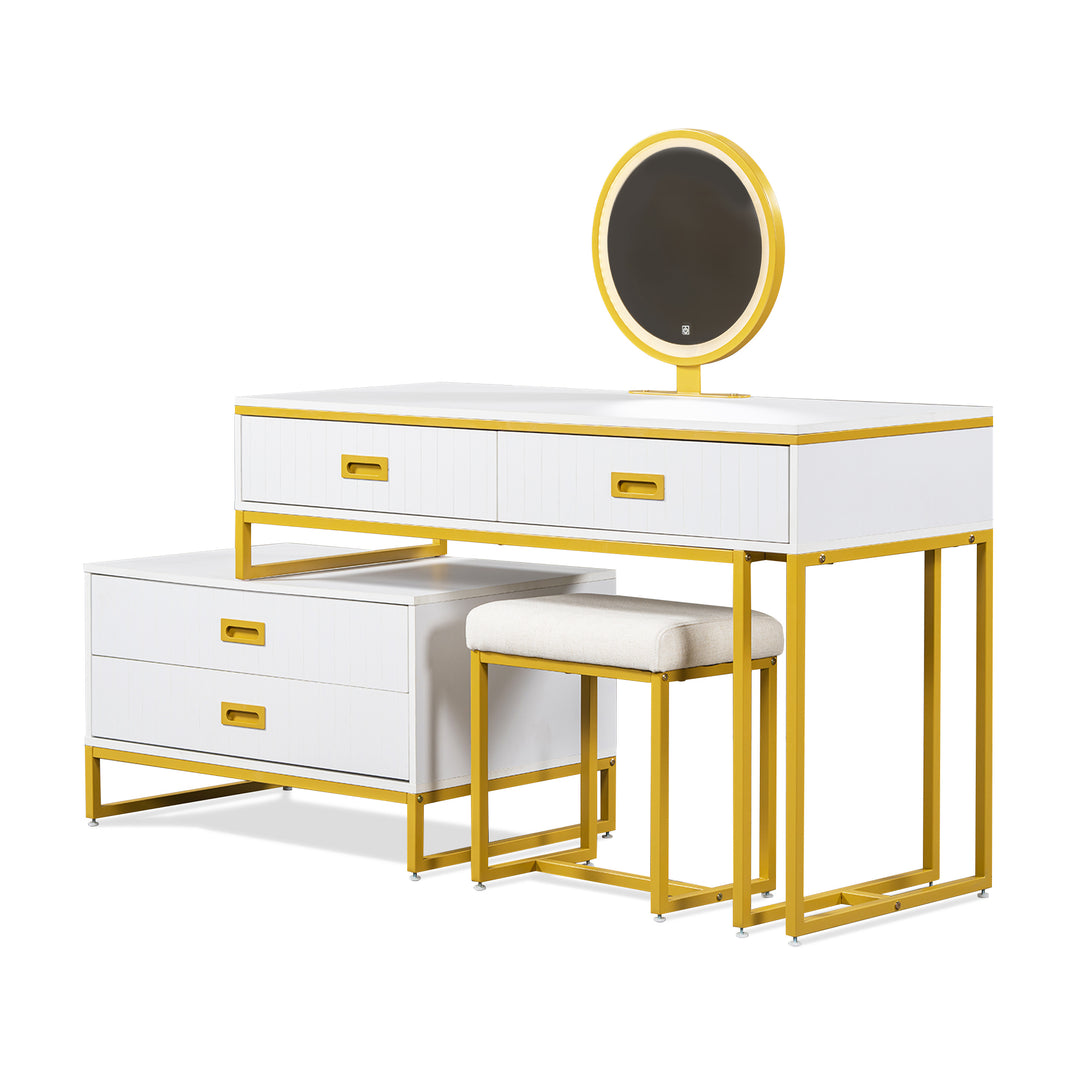 GO Modern Style Vanity Table With Movable Side Cabinet And 4-Drawers, Large Size Dressing Table With Mirror and 3-colors LED Light, Makeup Table With Stool, White, Golden Legs