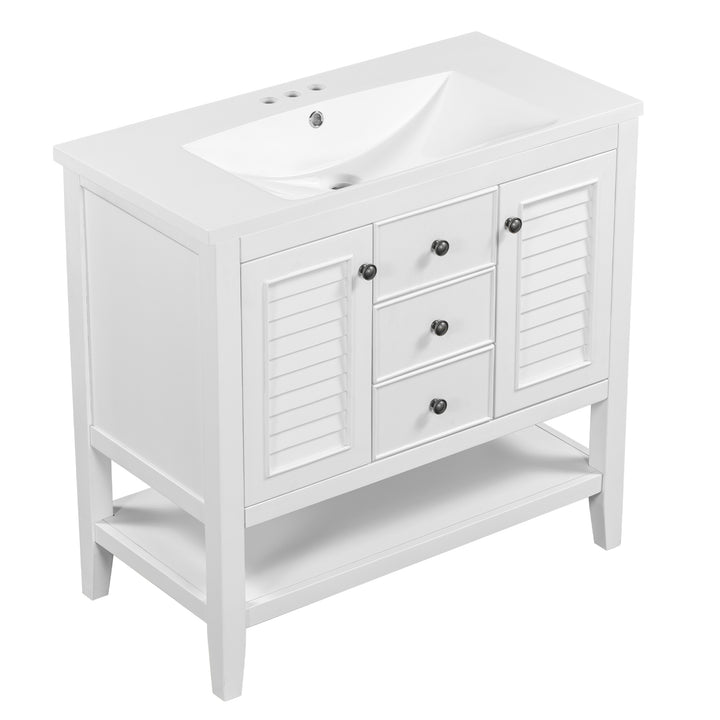 36" Bathroom Vanity with Ceramic Basin, Two Cabinets and Drawers, Open Shelf, Solid Wood Frame, White (OLD SKU: SY999101AAK)