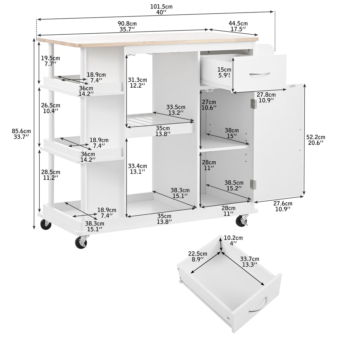 Multipurpose Kitchen Cart Cabinet with Side Storage Shelves,Rubber Wood Top, Adjustable Storage Shelves, 5 Wheels, Kitchen Storage Island with Wine Rack for Dining Room, Home,Bar,White