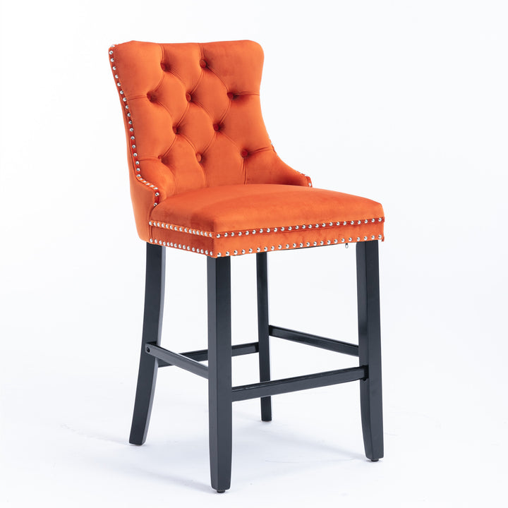 A&A Furniture,Contemporary Velvet Upholstered Barstools with Button Tufted Decoration and Wooden Legs, and Chrome Nailhead Trim, Leisure Style Bar Chairs,Bar stools, Set of 2 (Orange)