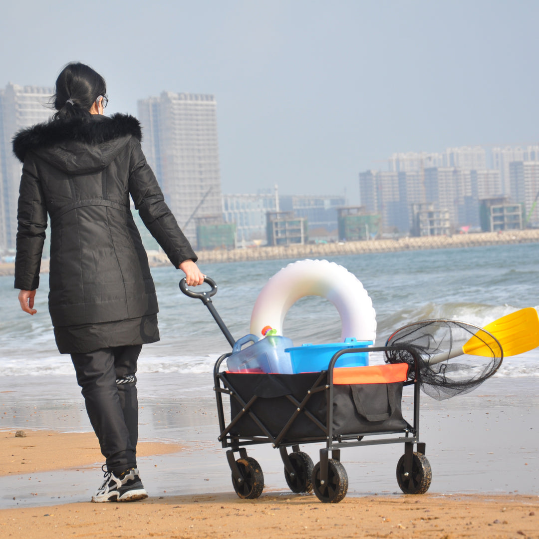 Mini Folding Wagon Garden Shopping Beach Cart （black+yellow）