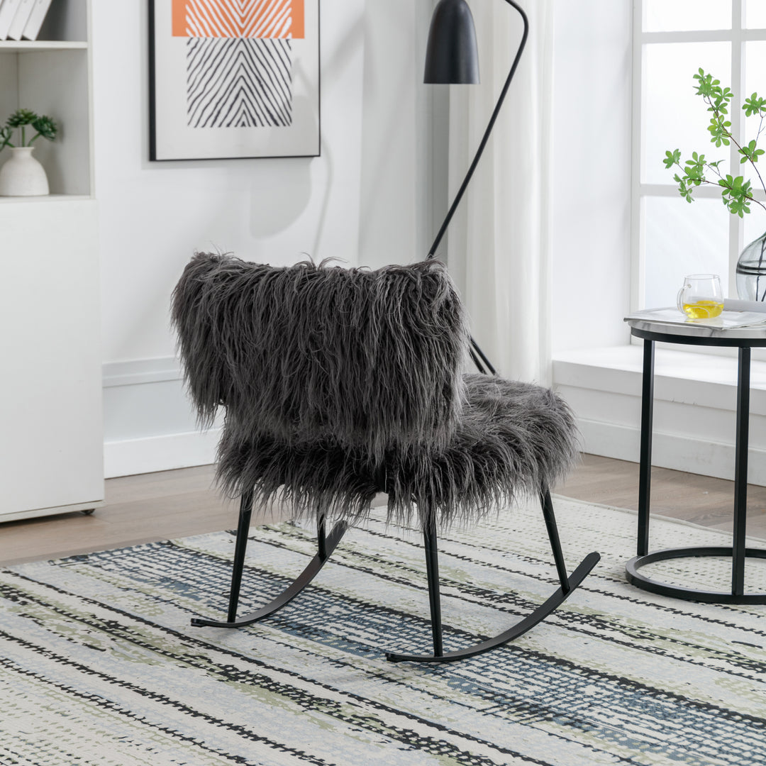 25.2'' Wide Faux Fur Plush Nursery Rocking Chair, Baby Nursing Chair with Metal Rocker, Fluffy Upholstered Glider Chair, Comfy Mid Century Modern Chair for Living Room, Bedroom (Gray)