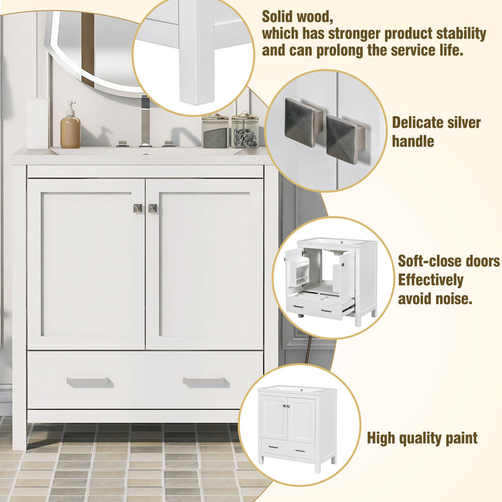 30" White Bathroom Vanity with Single Sink, Combo Cabinet Undermount Sink, Bathroom Storage Cabinet with 2 Doors and a Drawer, Soft Closing, Multifunctional Storage, Solid Wood Frame