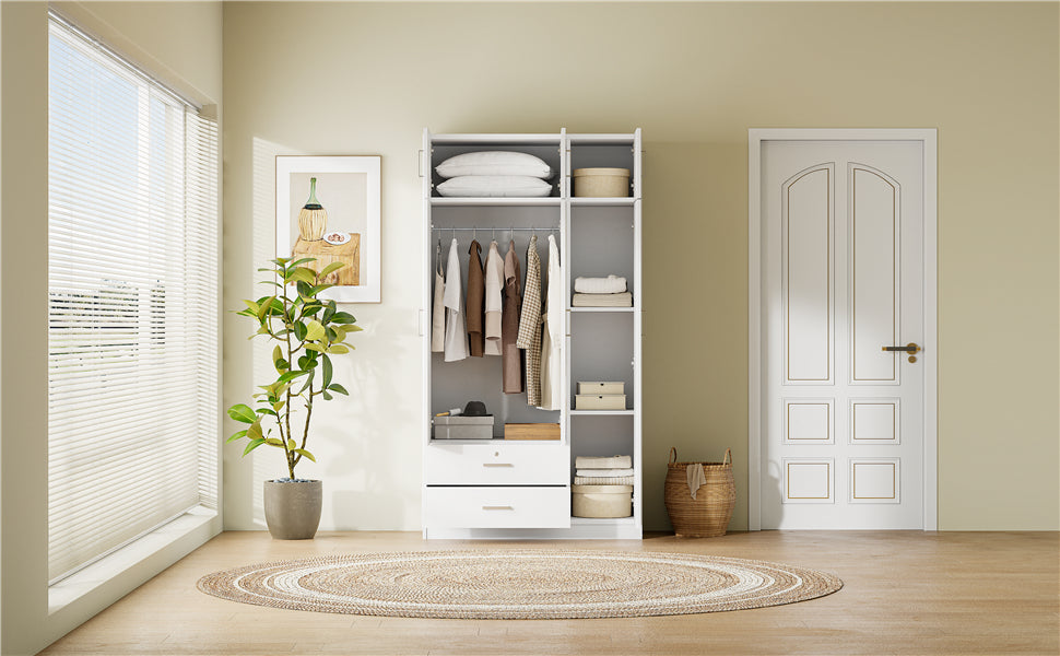 3-Door Mirror  Wardrobe with 2 Drawers and Top Cabinet,White