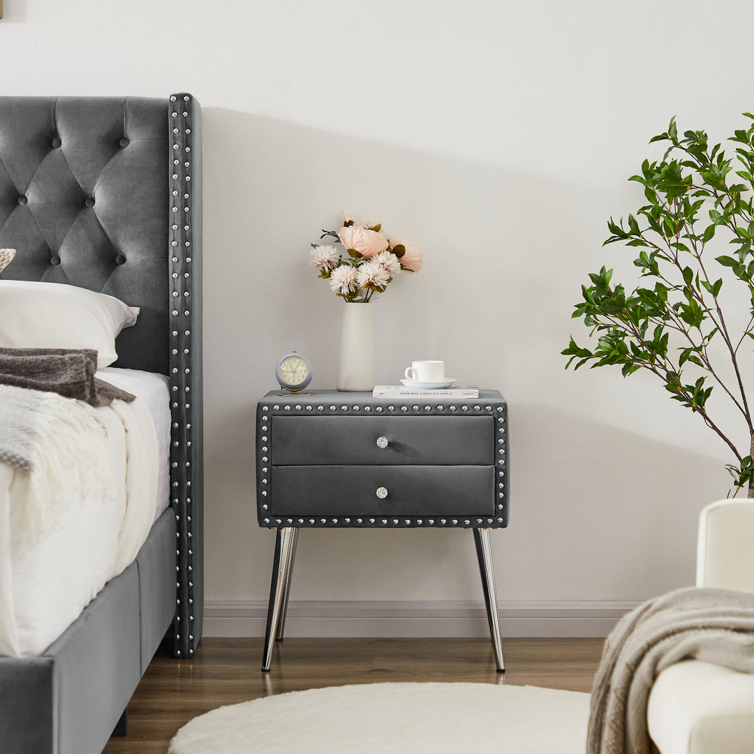 B109-TA Upholstered in durable 100% Grey Velvet nightstand Classic silver rivet elegant button tufted design with two drawer and metal legs