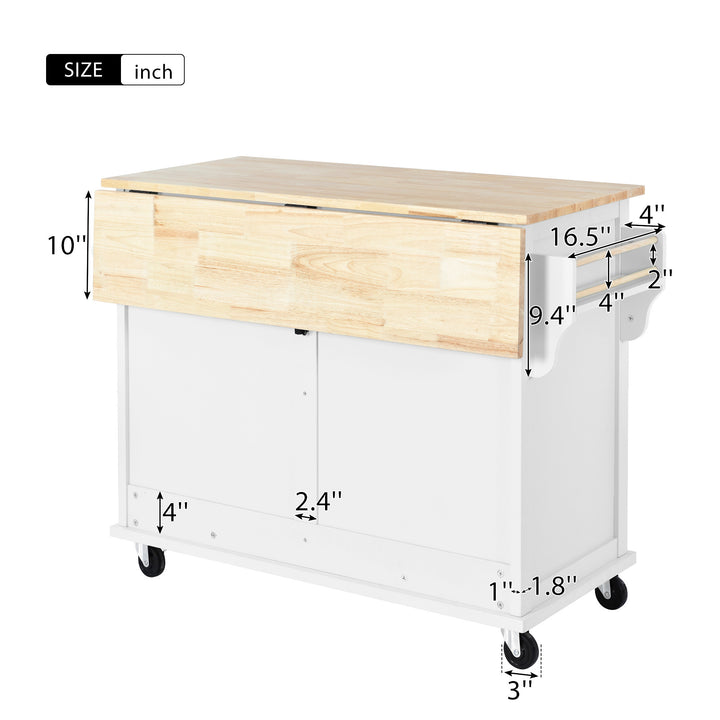 Kitchen Cart with Rubber wood Drop-Leaf Countertop, Concealed sliding barn door adjustable height,Kitchen Island on 4 Wheels with Storage Cabinet and 2 Drawers,L52.2xW30.5xH36.6 inch, White