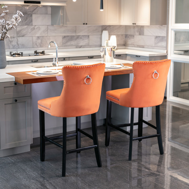 A&A Furniture,Contemporary Velvet Upholstered Barstools with Button Tufted Decoration and Wooden Legs, and Chrome Nailhead Trim, Leisure Style Bar Chairs,Bar stools, Set of 2 (Orange)